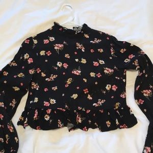 Topshop black grounded floral crop top w/ruffles
